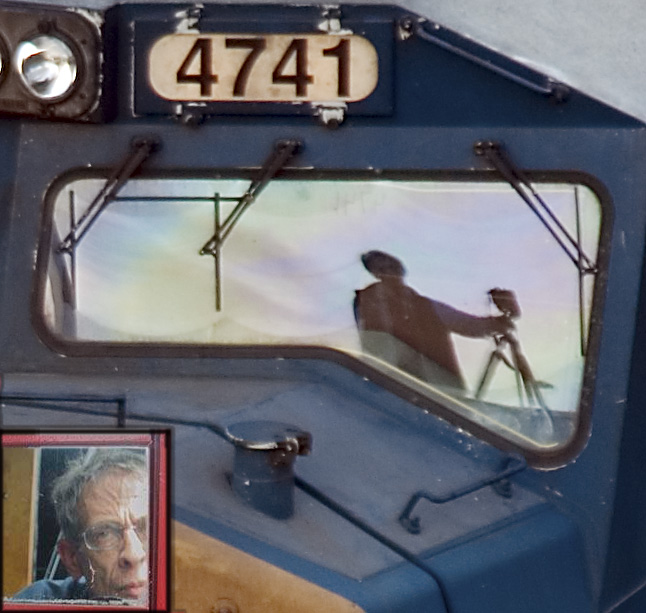 Composite photo of JW Coniglio in, and on, cabs of both steam and diesel locomotives.